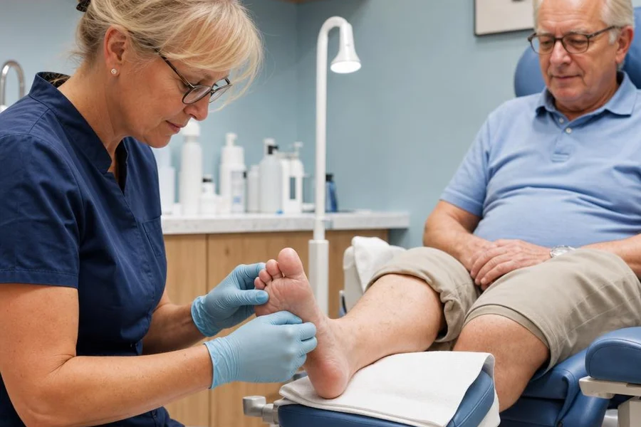 Een pedicure behandelt de voeten van een klant in een lichte praktijk